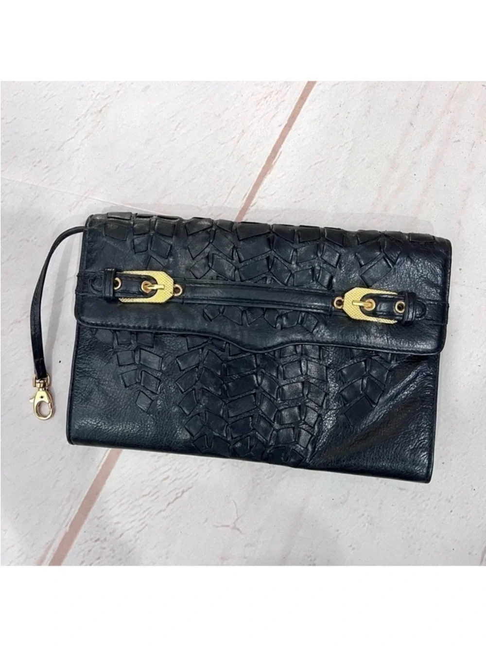 Rebecca Minkoff Weaved Leather Gold Buckle Envelope Clutch Purse